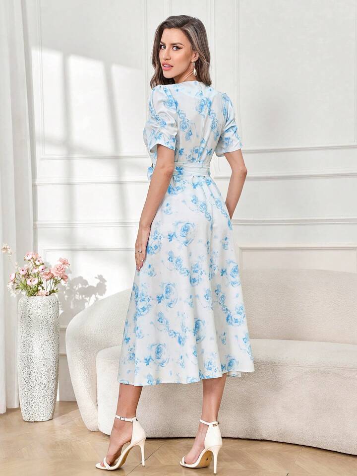 CM-DS338899 Women Trendy Bohemian Style Floral Print V-Neck Puff Sleeve Belted Dress - Blue