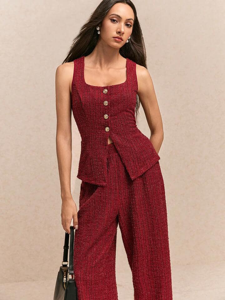 CM-SS135001 Women Casual Seoul Style Metal Button Embellishment Split Square Neck Sleeveless Vest With Pants - Set