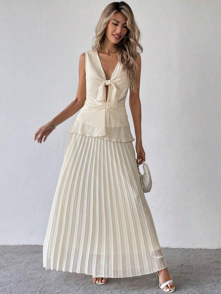 CM-SS655843 Women Elegant Seoul Style Solid Color Tie-Front Vest With Pleated Long Skirt - Set