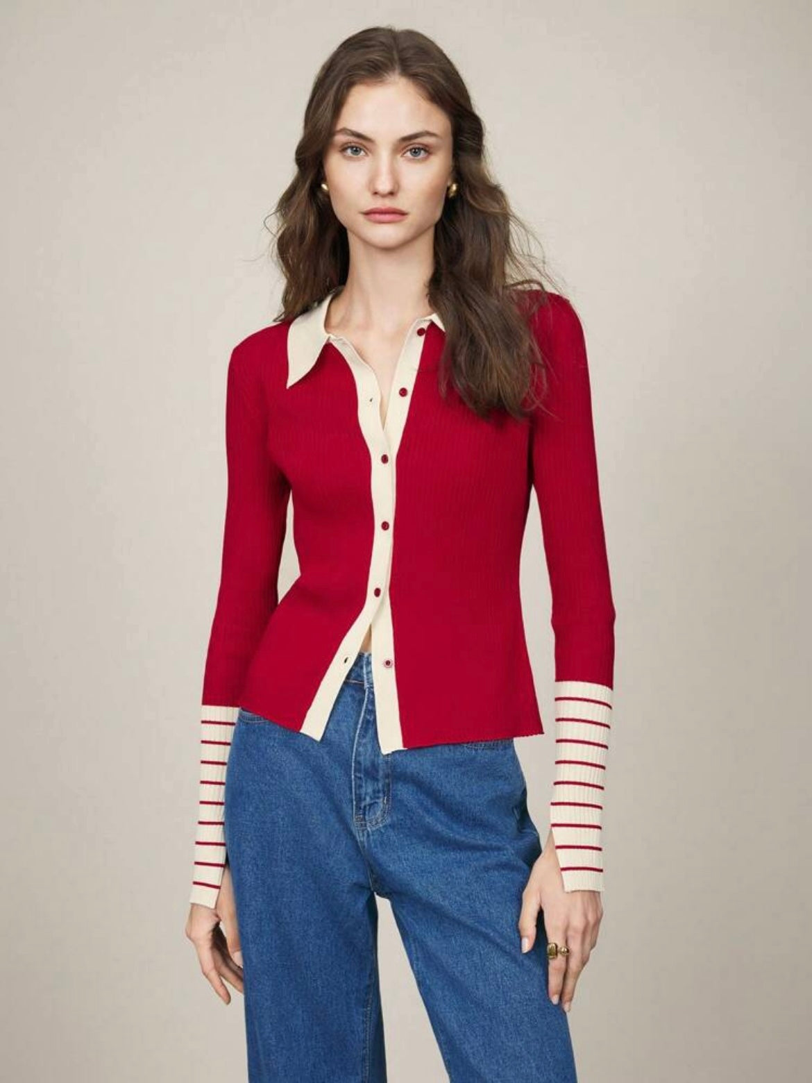 CM-CS006001 Women Casual Seoul Style Striped Long Sleeve Button-Up Rib Knit Sweater - Red