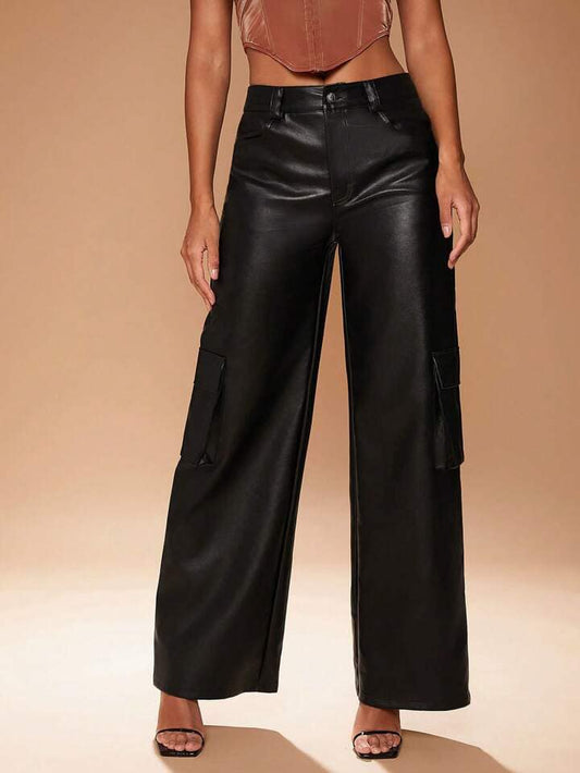 CM-BS121317 Women Elegant Seoul Style Faux Leather High-Waisted Wide-Leg Cargo Pants - Black