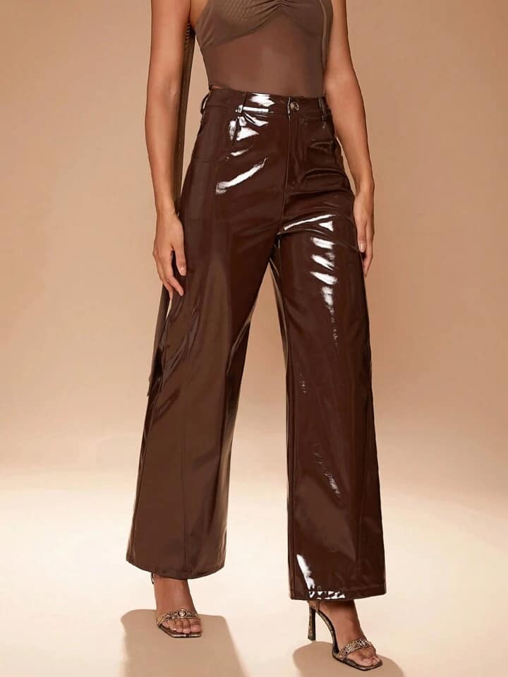 CM-BS732082 Women Casual Seoul Style Wrinkle Patent PU Leather Seam Detail Wide Leg Pants