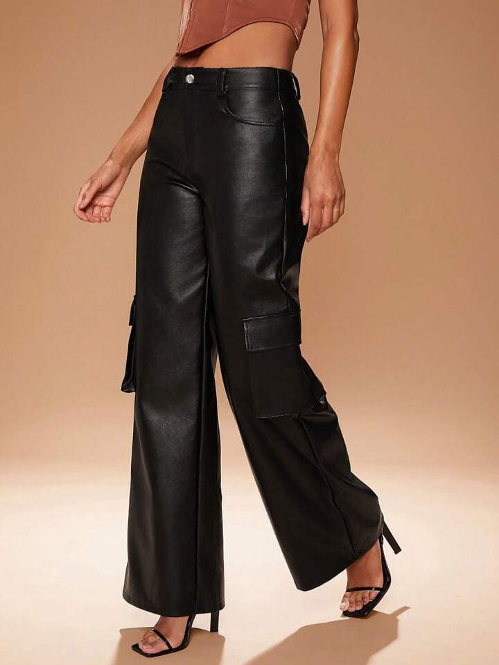 CM-BS121317 Women Elegant Seoul Style Faux Leather High-Waisted Wide-Leg Cargo Pants - Black