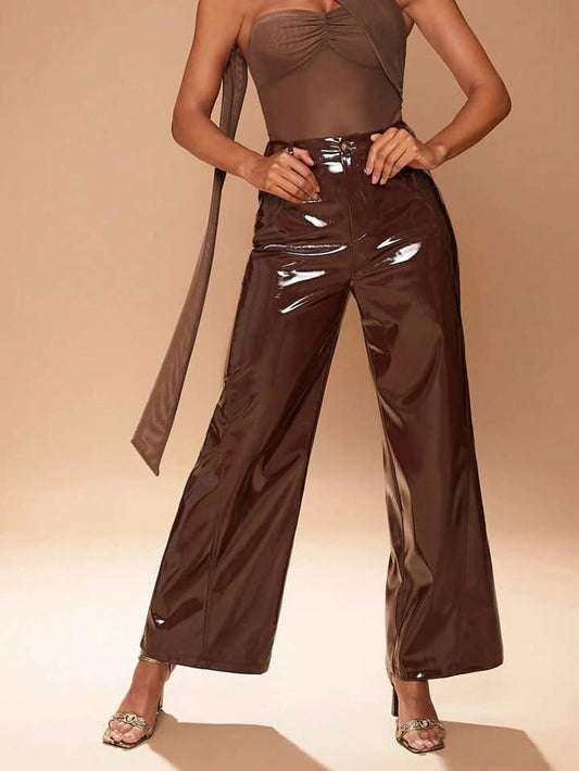 CM-BS732082 Women Casual Seoul Style Wrinkle Patent PU Leather Seam Detail Wide Leg Pants