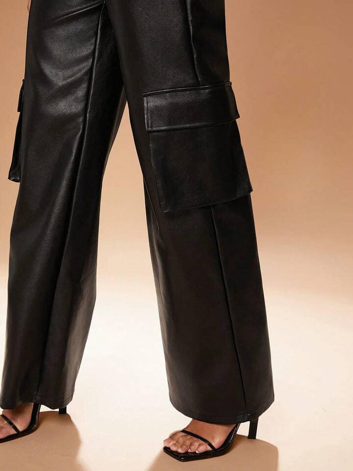 CM-BS121317 Women Elegant Seoul Style Faux Leather High-Waisted Wide-Leg Cargo Pants - Black