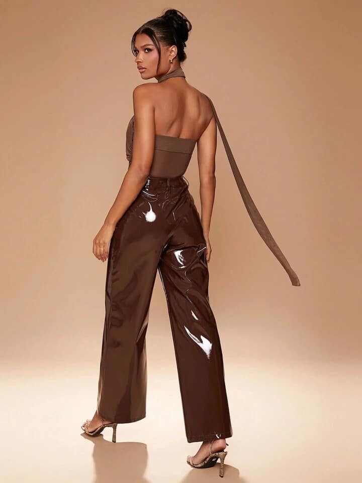 CM-BS732082 Women Casual Seoul Style Wrinkle Patent PU Leather Seam Detail Wide Leg Pants