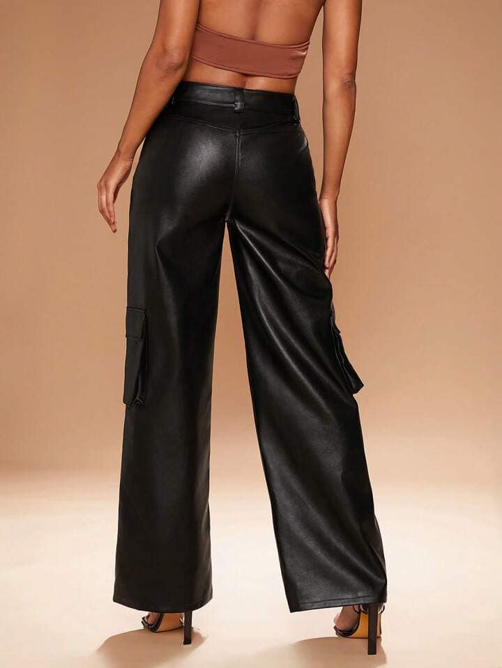 CM-BS121317 Women Elegant Seoul Style Faux Leather High-Waisted Wide-Leg Cargo Pants - Black