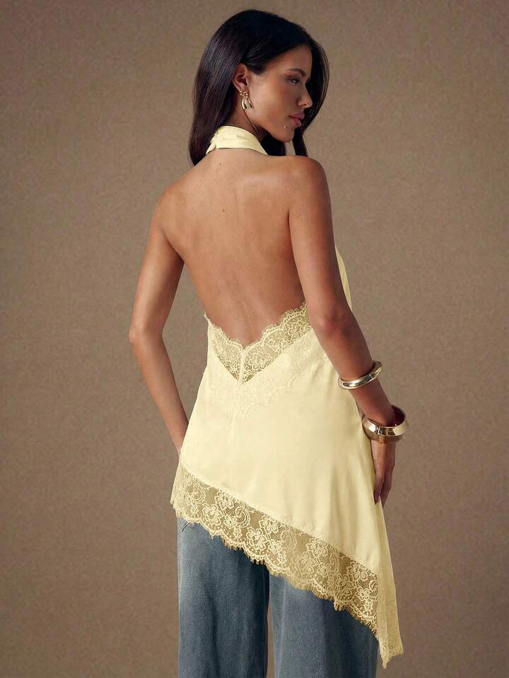 CM-TS451934 Women Elegant Seoul Style Lace Satin Patchwork Sleeveless Trim Backless Camisole Top - Yellow