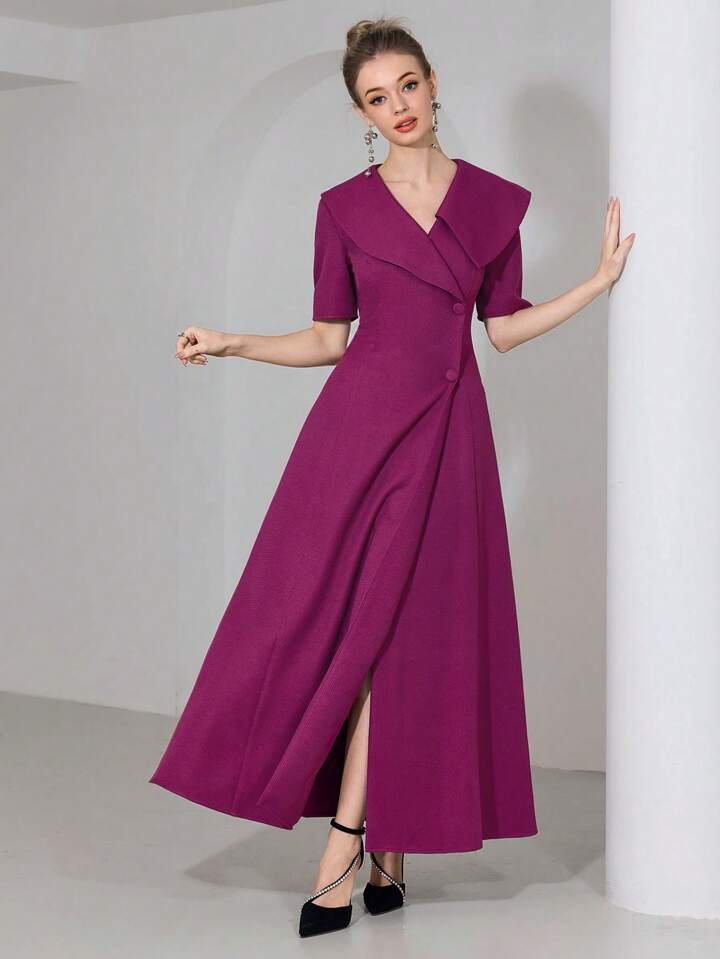 CM-DS772423 Women Elegant Seoul Style Solid Color V-Neck Short Sleeve Front Button Long Dress