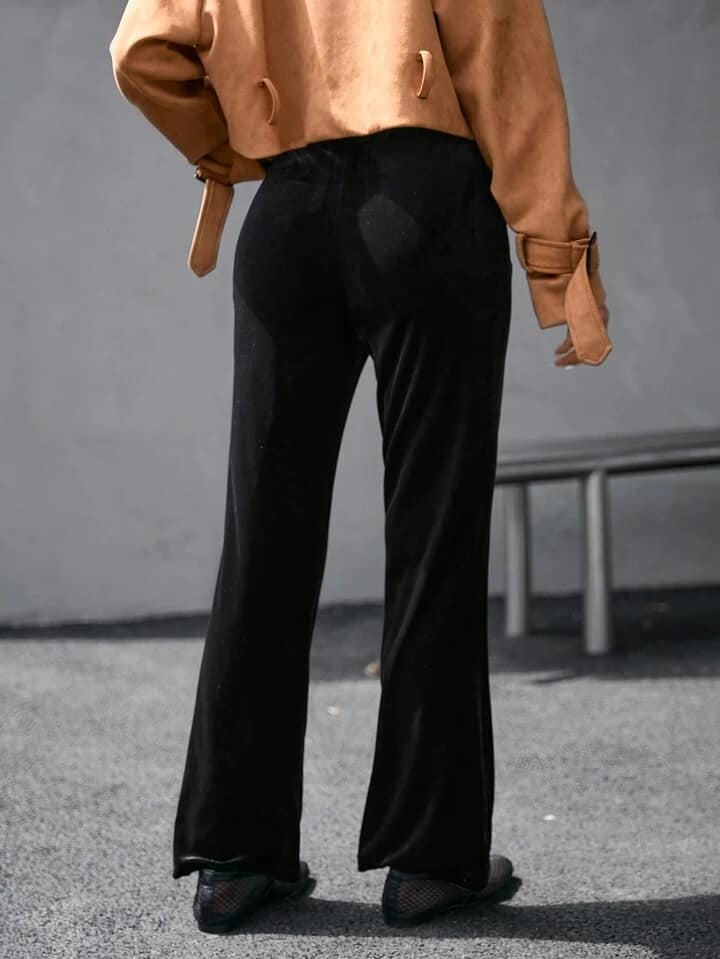 CM-BS242904 Women Casual Seoul Style High Waist Velvet Slimming Flare Pants - Black