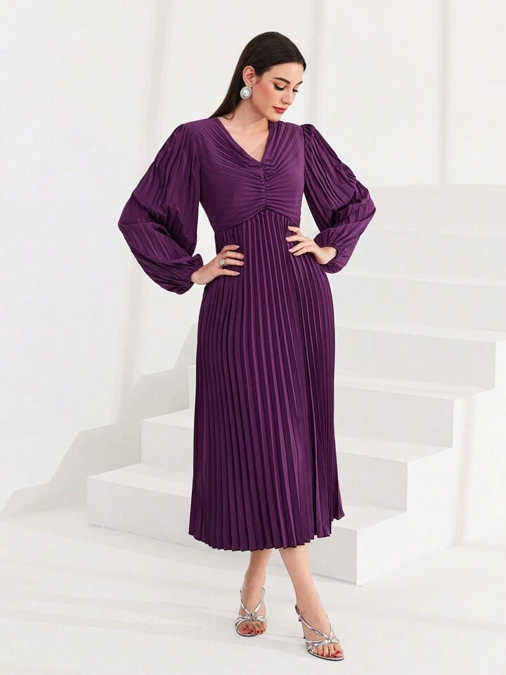 CM-DS825481 Women Elegant Seoul Style V-Neck Pleated Lantern Sleeve Dress - Purple