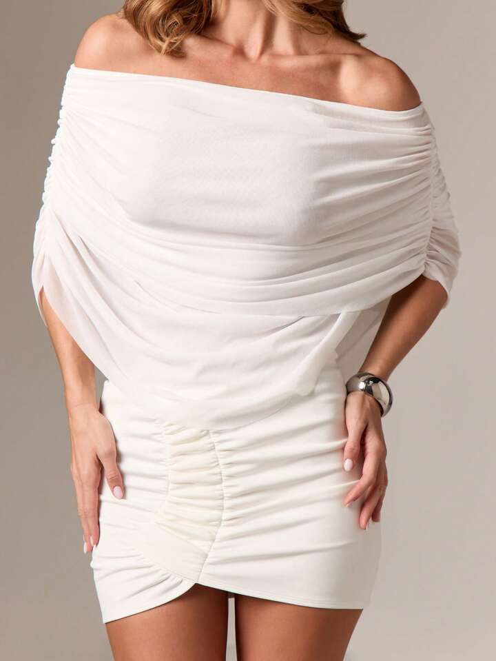CM-TS341940 Women Elegant Seoul Style Off Shoulder Ruched Draped Long Sleeve Blouse - White
