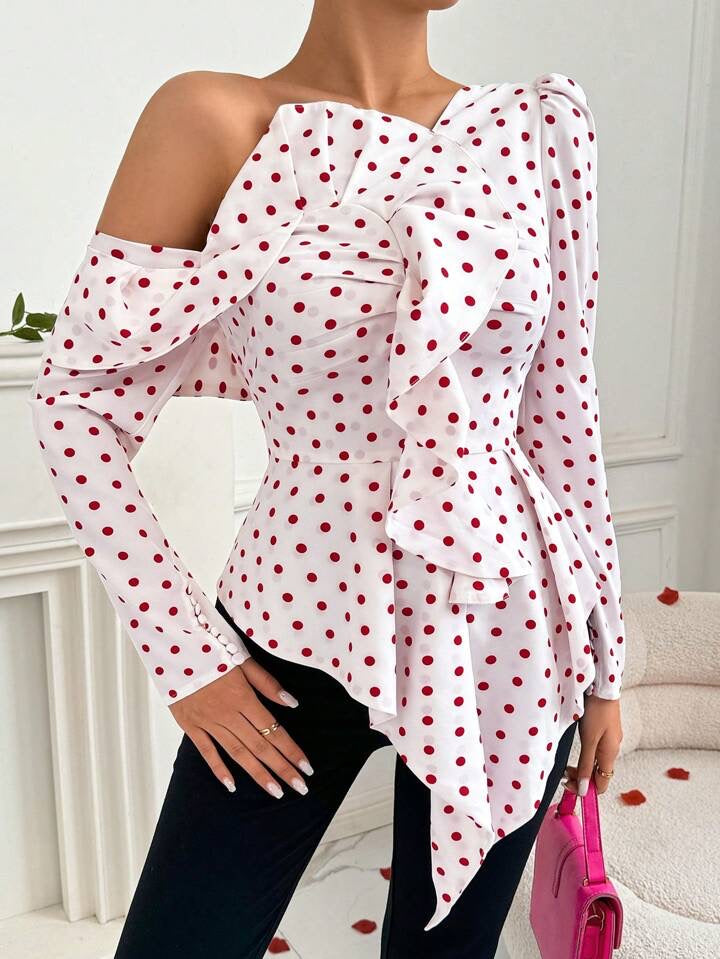CM-TS146756 Women Casual Seoul Style Irregular Ruffled Off-Shoulder Ruffled Blouse