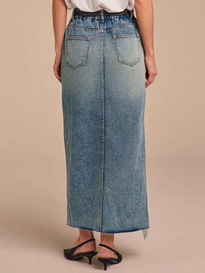 CM-BS347174 Women Casual Seoul Style Medium Wash High Waist Asymmetrical Hem Frayed Long Denim Skirt