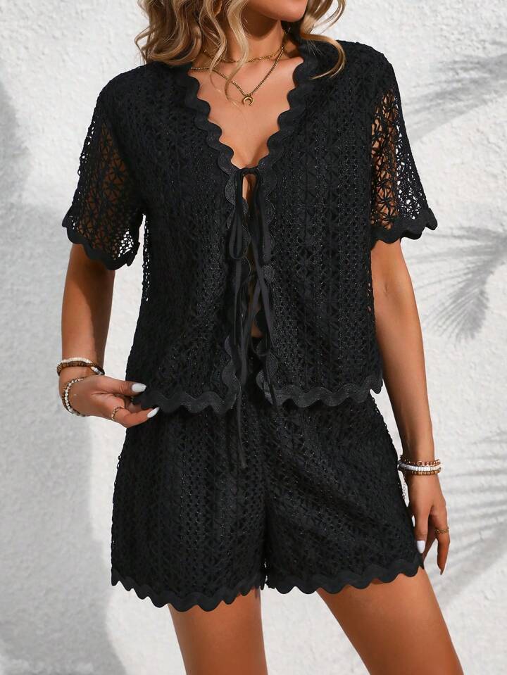 CM-SS484650 Women Trendy Bohemian Style Hollow Out Front Tie Short Sleeve Top With Shorts - Black