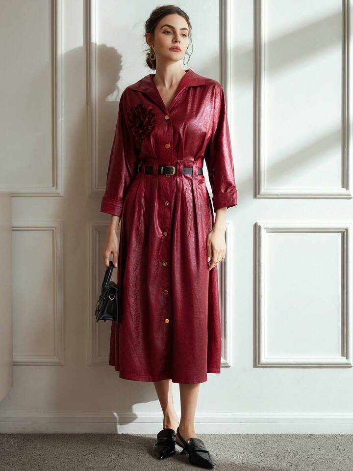CM-DS128383 Women Elegant Seoul Style 3D Floral CollarMetallic Button Drop Shoulder Shiny Dress - Red