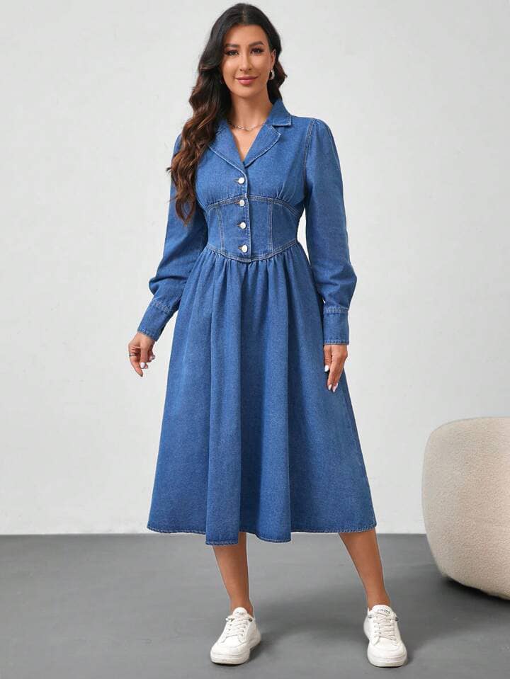 CM-DS477719 Women Casual Seoul Style Loose Long Sleeve Mid-Length Denim Dress - Blue