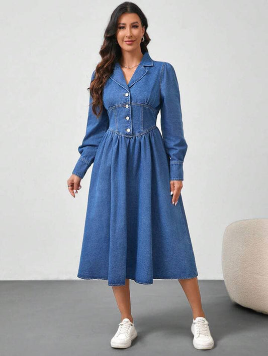 CM-DS477719 Women Casual Seoul Style Loose Long Sleeve Mid-Length Denim Dress - Blue