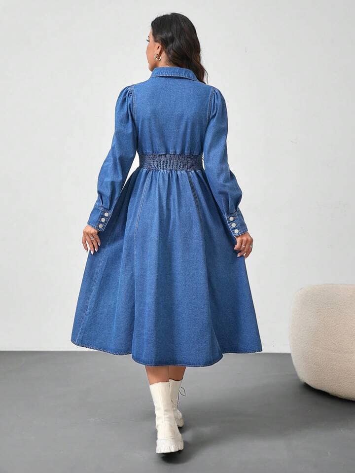 CM-DS477719 Women Casual Seoul Style Loose Long Sleeve Mid-Length Denim Dress - Blue