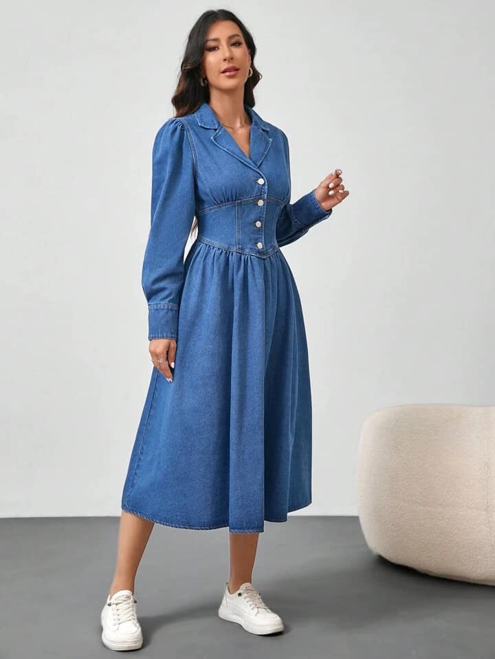 CM-DS477719 Women Casual Seoul Style Loose Long Sleeve Mid-Length Denim Dress - Blue
