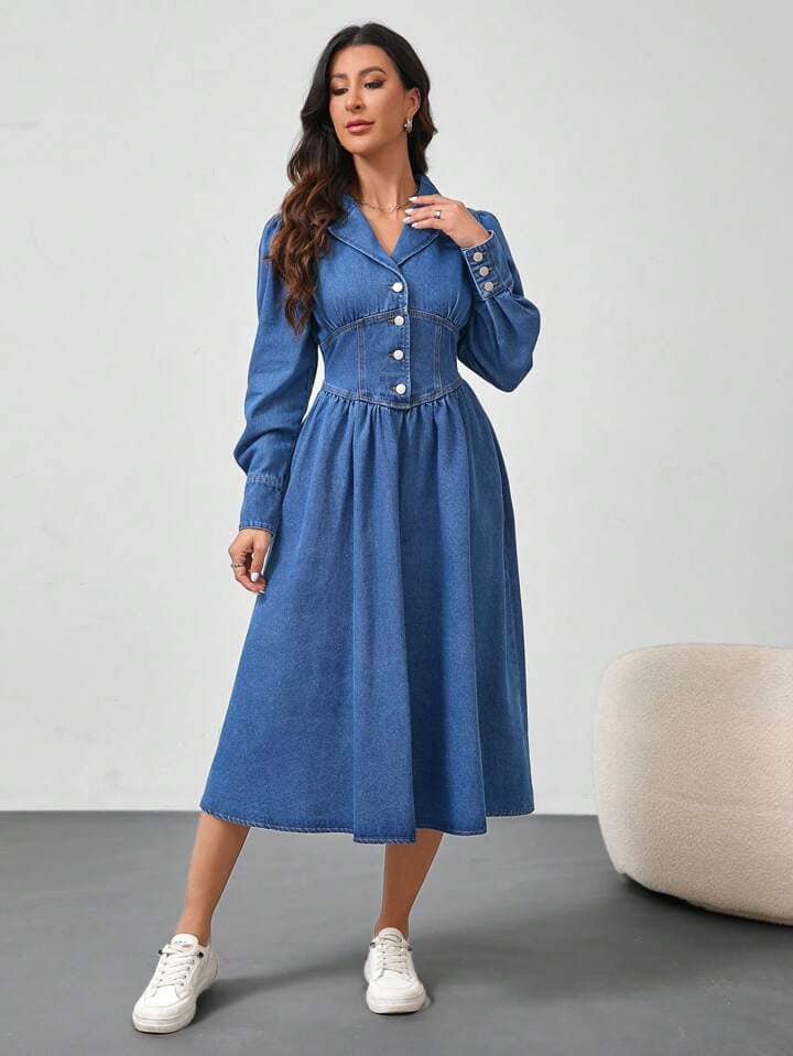 CM-DS477719 Women Casual Seoul Style Loose Long Sleeve Mid-Length Denim Dress - Blue