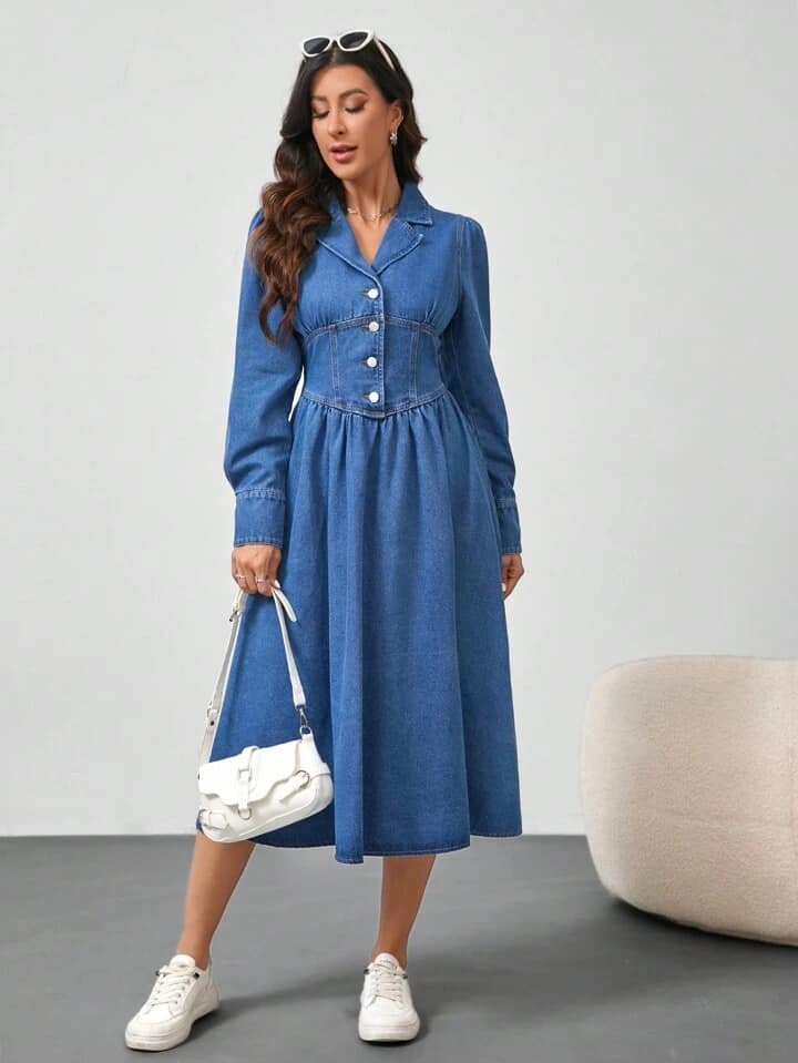 CM-DS477719 Women Casual Seoul Style Loose Long Sleeve Mid-Length Denim Dress - Blue