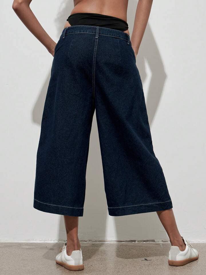CM-BS243404 Women Casual Seoul Style Dark Wash Drop Waist Wide Leg Capri Jeans