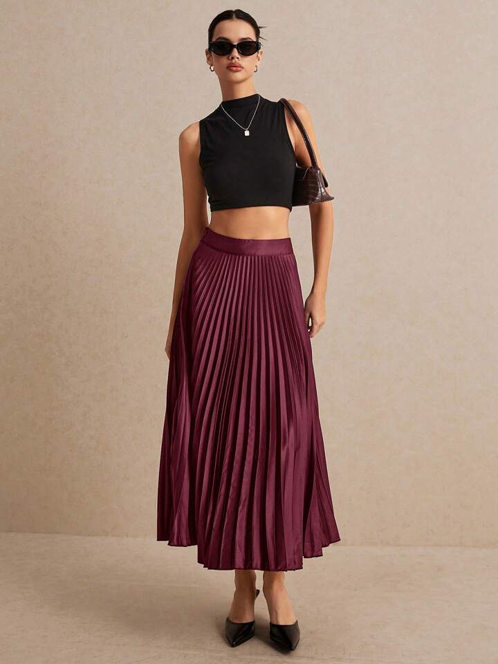CM-BS018238 Women Elegant Seoul Style High Waist Solid Pleated Skirt - Burgundy