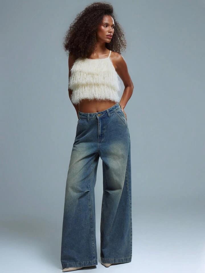 CM-BS161196 Women Casual Seoul Style Ultra Low Waist Wide Leg Washed Denim Jeans
