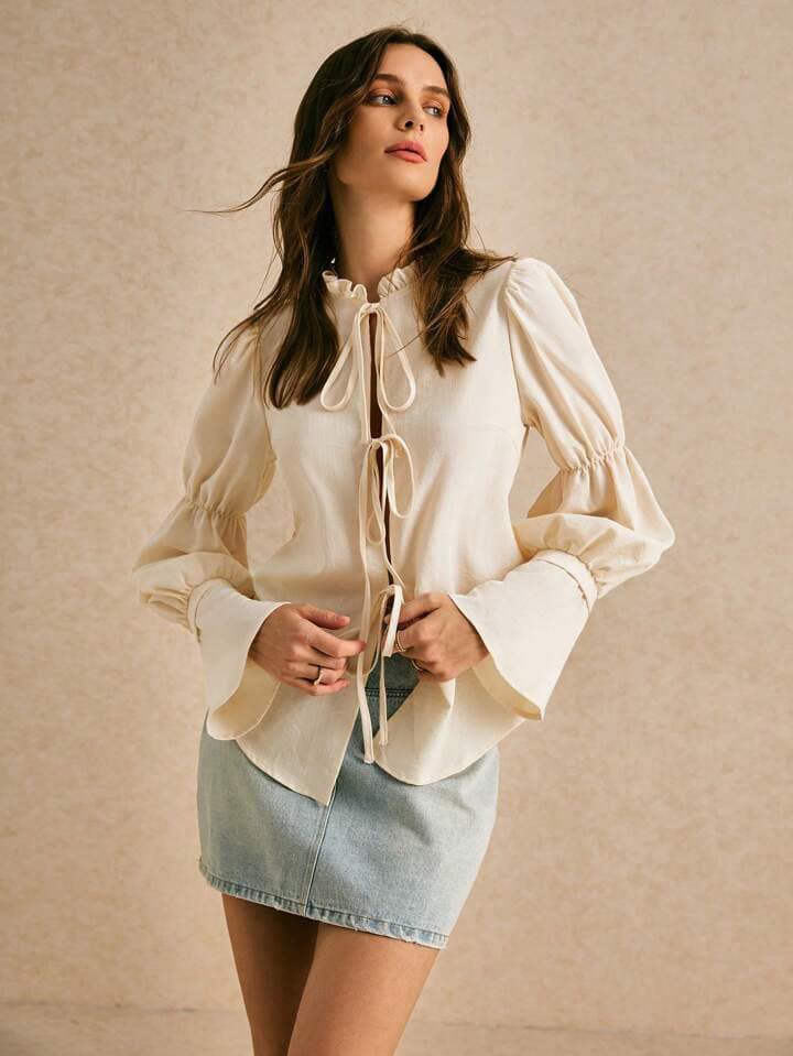 CM-TS107170 Women Casual Seoul Style Solid Color Ruffle Edge Front Tie Long Sleeve Blouse