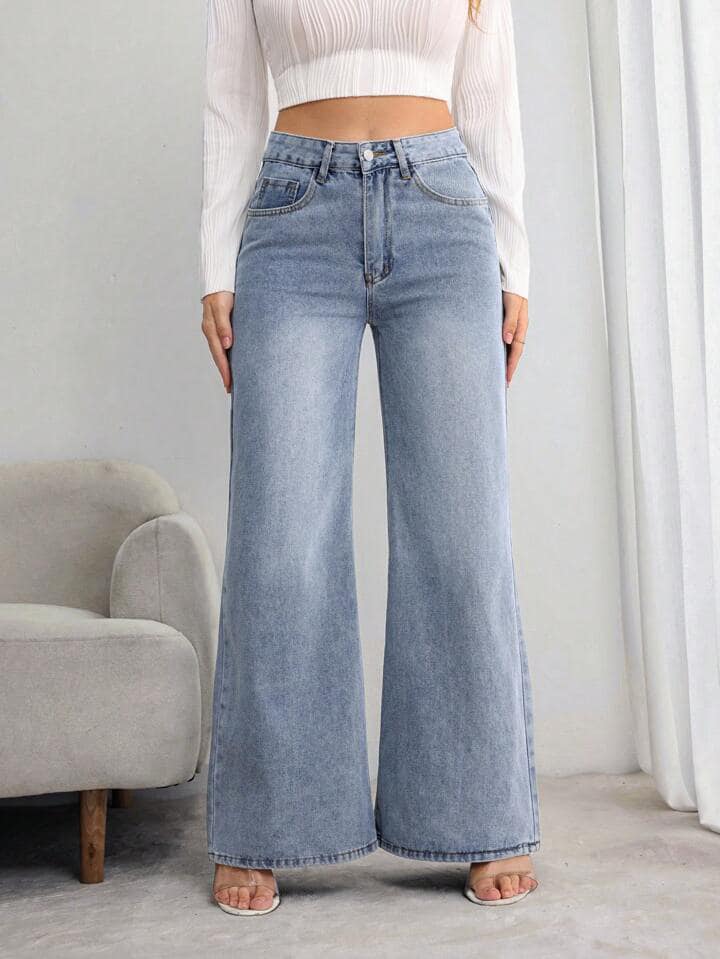 CM-BS556793 Women Casual Seoul Style Front Button Pocket High Waist Straight Leg Jeans - Blue