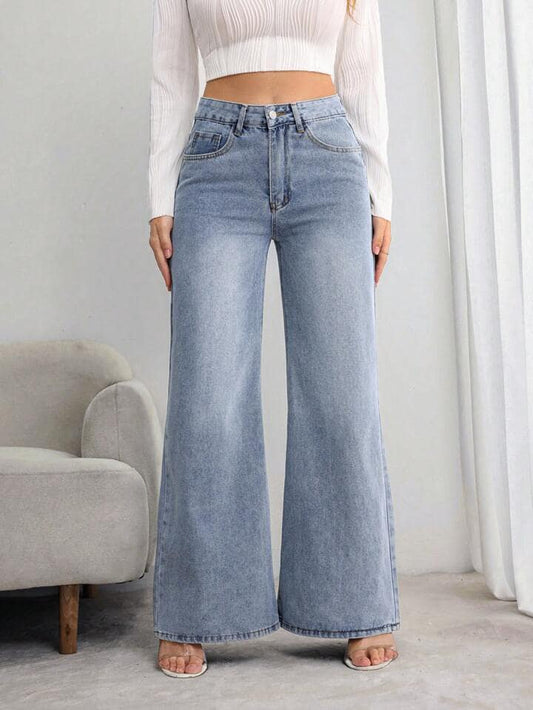 CM-BS556793 Women Casual Seoul Style Front Button Pocket High Waist Straight Leg Jeans - Blue