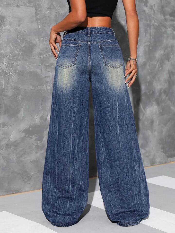 CM-BS324794 Women Casual Seoul Style Wide Leg Loose Pockets Denim Pants - Blue