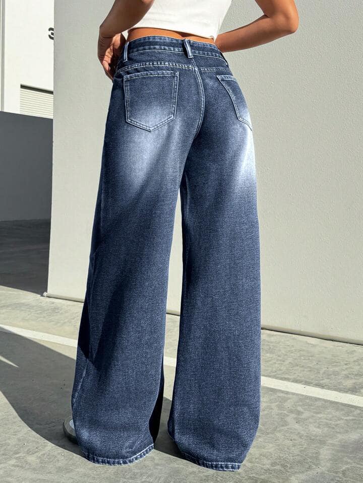 CM-BS697318 Women Casual Seoul Style Front Button Pocket Wide Leg Jeans - Dark Gray