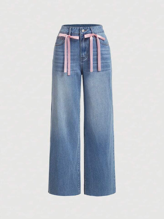 CM-BS568898 Women Casual Seoul Style Light Wash Bow Decor Wide Leg Jeans