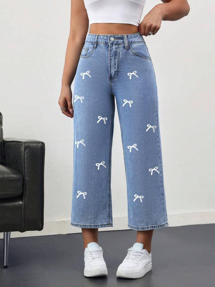 CM-BS052948 Women Casual Seoul Style Front Button Pocket Bow Tie All-Over Print Denim Pants