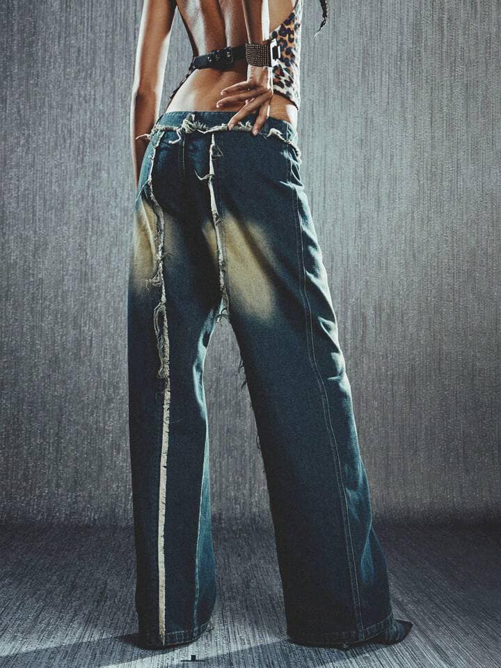 CM-BS090009 Women Casual Seoul Style Frayed Hem Flare Wide Leg Jeans - Blue