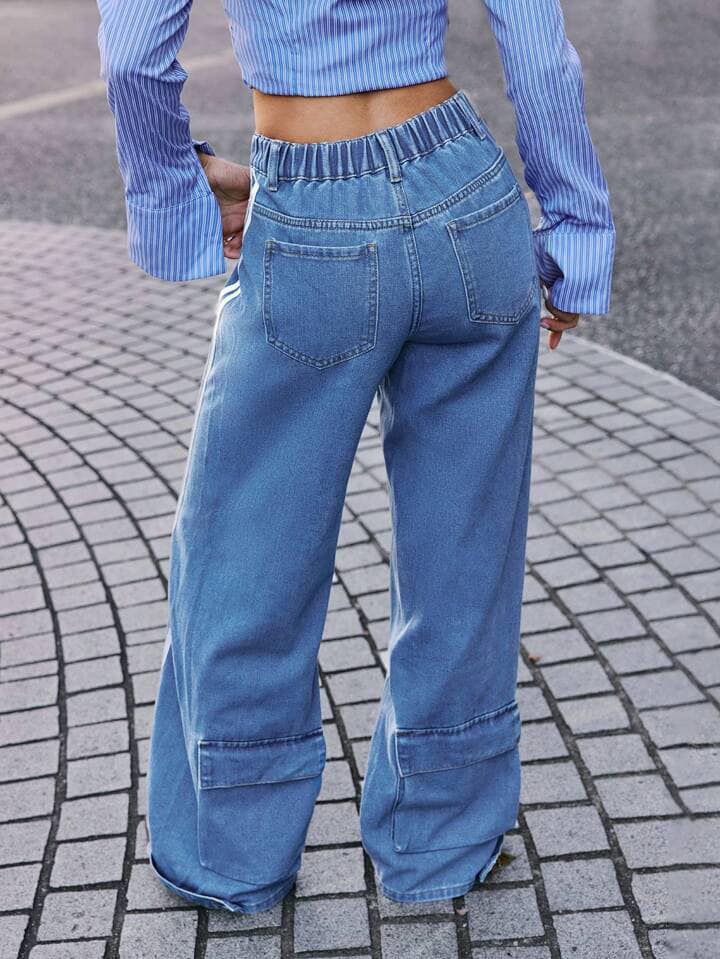 CM-BS044067 Women Casual Seoul Style Loose Fit Pocketed Striped Wide Leg Jeans - Blue