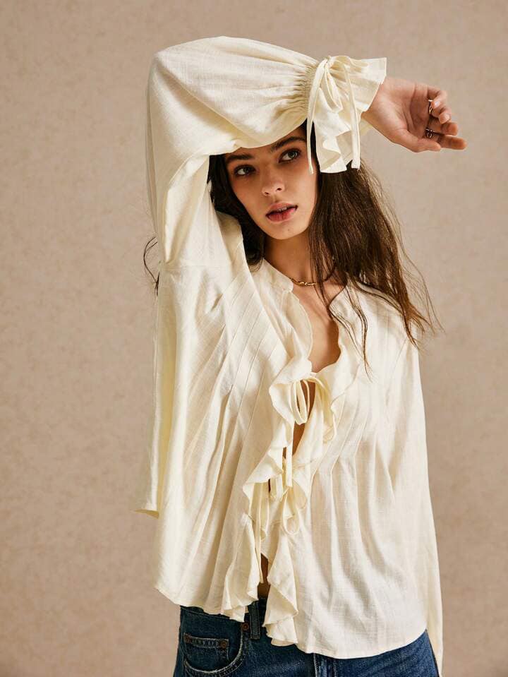 CM-TS877851 Women Trendy Bohemian Style Solid Color Ruffle Hem Drawstring Shirt - Beige