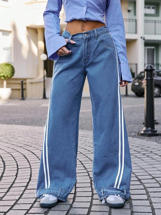 CM-BS044067 Women Casual Seoul Style Loose Fit Pocketed Striped Wide Leg Jeans - Blue