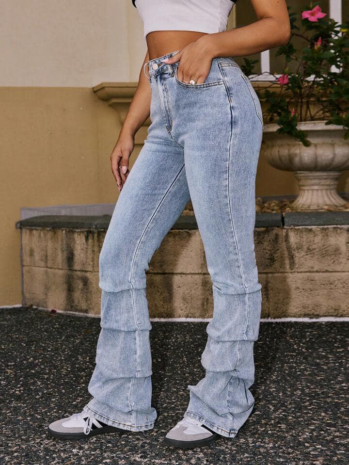 CM-BS224972 Women Casual Seoul Style Pocketed Pleated Extra Long Flared Leg Jeans - Gray