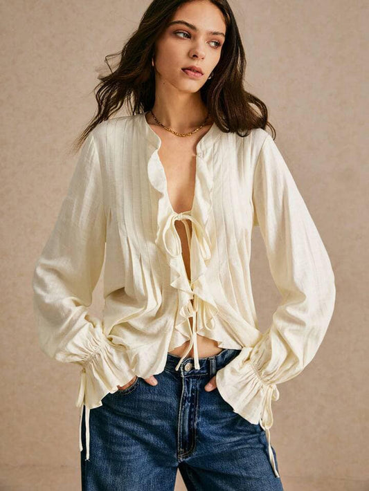 CM-TS877851 Women Trendy Bohemian Style Solid Color Ruffle Hem Drawstring Shirt - Beige