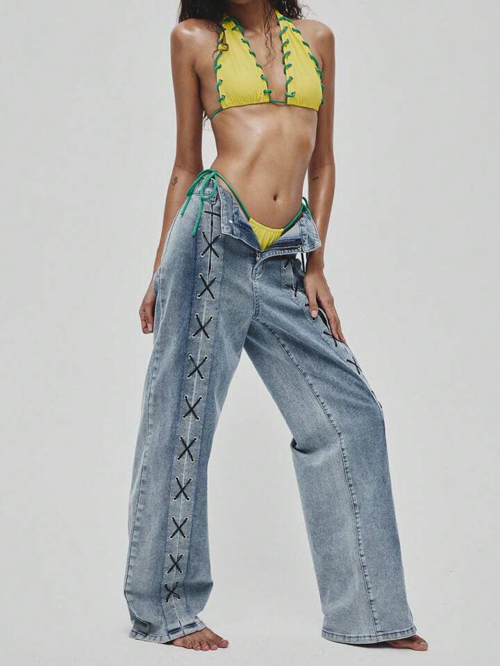 CM-BS549708 Women Casual Seoul Style Criss-Cross Stitched High Waist Straight-Leg Jeans