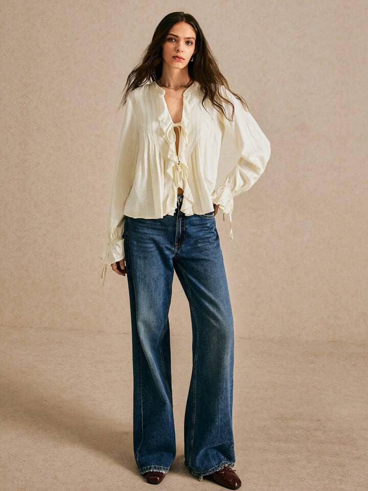 CM-TS877851 Women Trendy Bohemian Style Solid Color Ruffle Hem Drawstring Shirt - Beige
