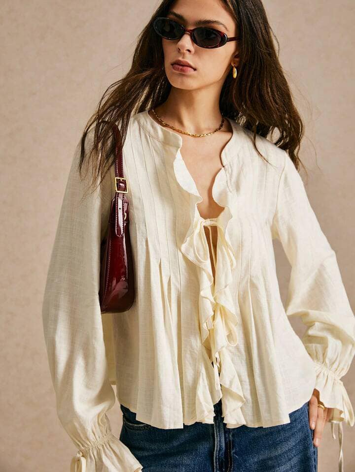 CM-TS877851 Women Trendy Bohemian Style Solid Color Ruffle Hem Drawstring Shirt - Beige