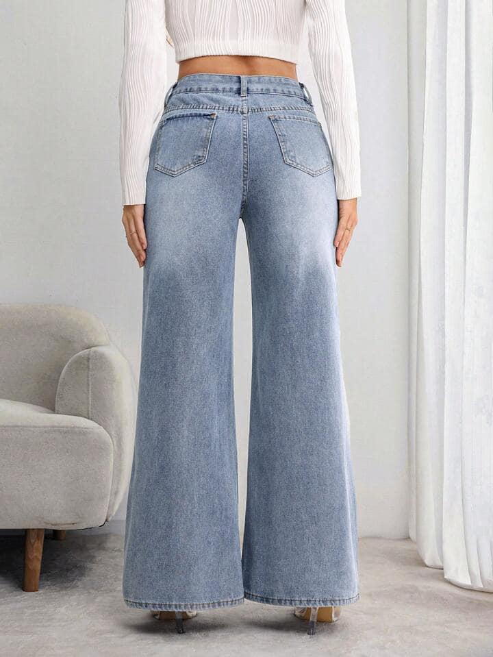 CM-BS556793 Women Casual Seoul Style Front Button Pocket High Waist Straight Leg Jeans - Blue