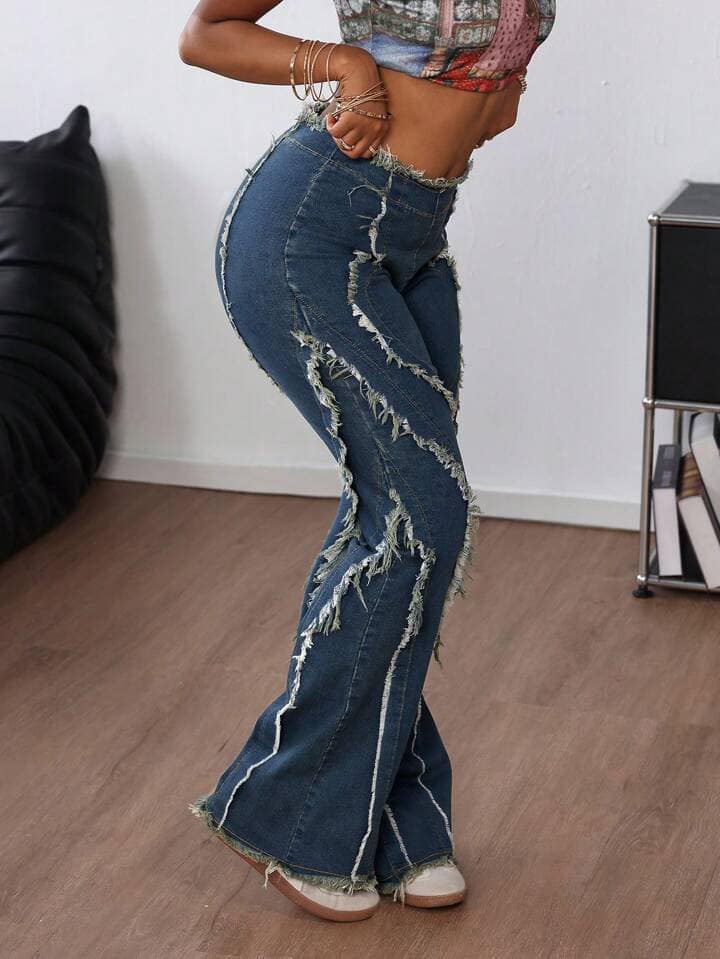 CM-BS066455 Women Casual Seoul Style Drop Waist Frayed Hem Flared Jeans - Blue