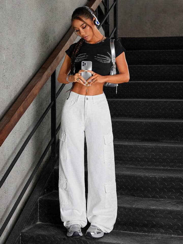 CM-BS998999 Women Casual Seoul Style High Waist Washed Denim Cargo Pants - White
