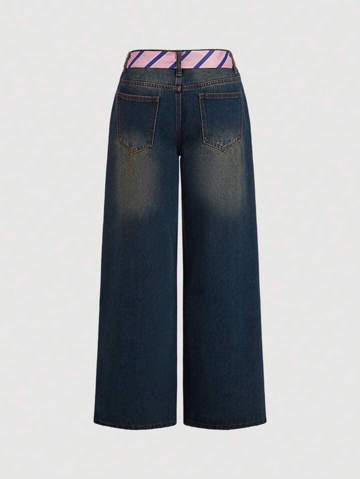 CM-BS808007 Women Casual Seoul Style Contrast Color Bow Decor Denim Jeans - Blue