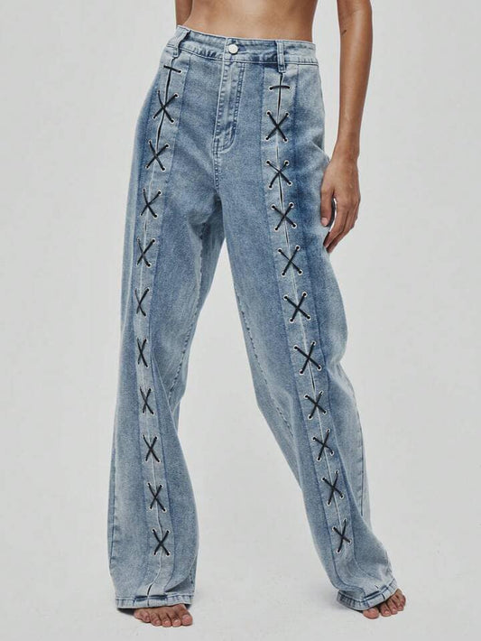 CM-BS549708 Women Casual Seoul Style Criss-Cross Stitched High Waist Straight-Leg Jeans